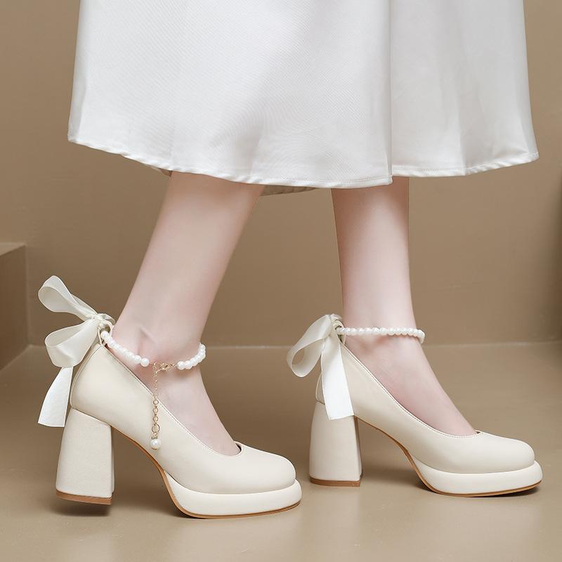 Buty Mary Jane damskie wiosna 2025 nowe kokarda perła pasek jednowyrazowy wysokie obcasy styl wróżkowy gruby obcas pojedyncze buty