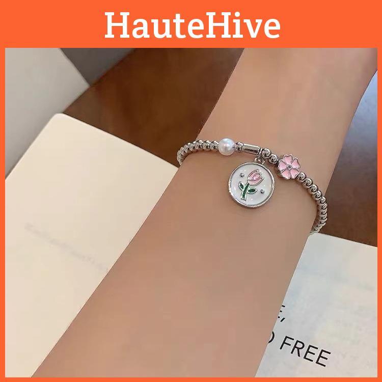 Elegant Tulip Pink Flower Bracelet For Women Highend Geometric Design Summer 2024