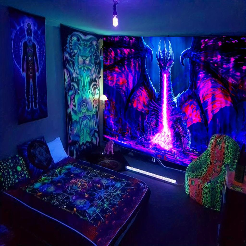 Purple Dragon Fluorescent Uv Tapestry Horror Halloween Uv Exposure Reaction Tapestry Hip Hop Abstract Style