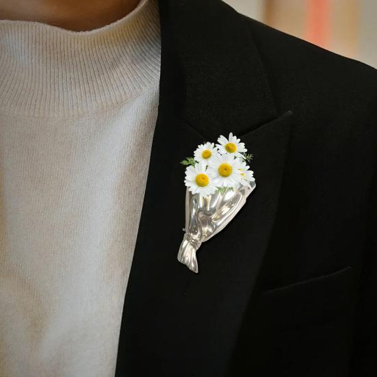 Bouquet Brooch Lightweight Alloy Vase Silhouette Insert Real/Dried Flowers Wearable Art Pin Polished Metal Finish Badge