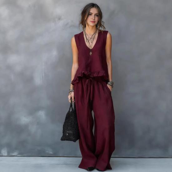 Summer Ruffle 2 Piece Sets for Women Sleeveless V Neck Tank Top And Wide Leg Pants Sets Casual Loose Loungewear Outfits