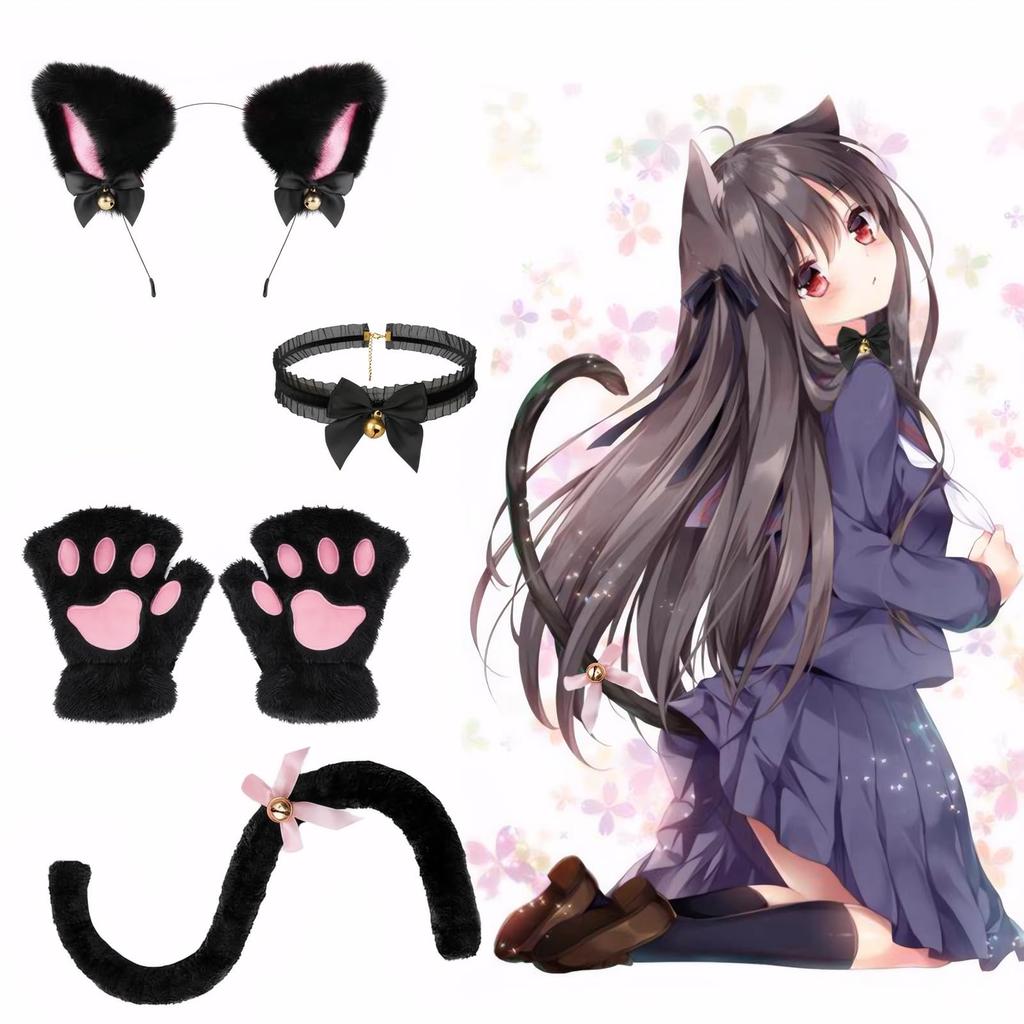 Chisafly Cat Ear Paw Tail and Bell Cute Cat Costume Perfect for Cosplay and Halloween Headband, Gloves, Choker, Included, Accessories, 4-Piece Set,