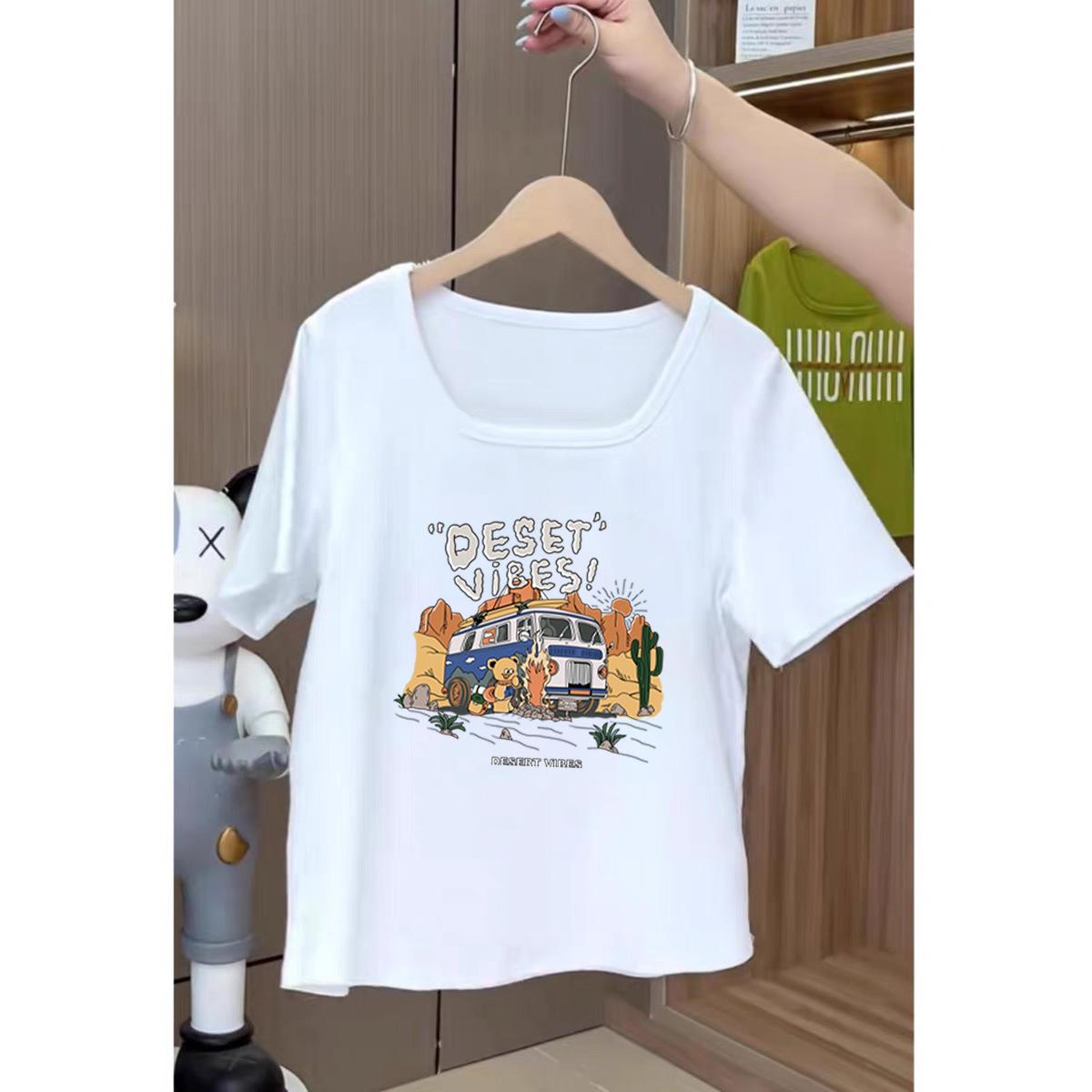 

Женская футболка с квадратным вырезом на плечах и короткими рукавами, новинка лета 2025, женская одежда, Spice Girl, U-образный вырез, свободный и тонкий короткий топ для женщин M [80-60kg]