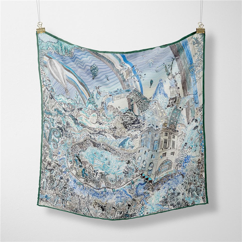 POBING Twill Silk Scarf Woman Water City Print Square Scarves Bandana Small Hijab Foulards Lady Tie Headband Neckerchief 53CM