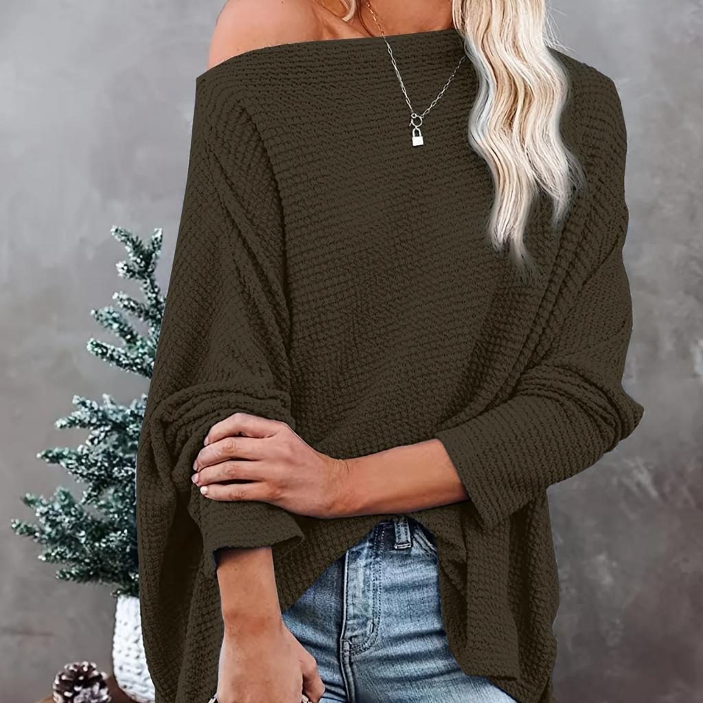 Women's Knitted Sweater Waffle Shoulder Slant Neck 2024 New Autumn Winter Women's Regular Loose Pullover Top