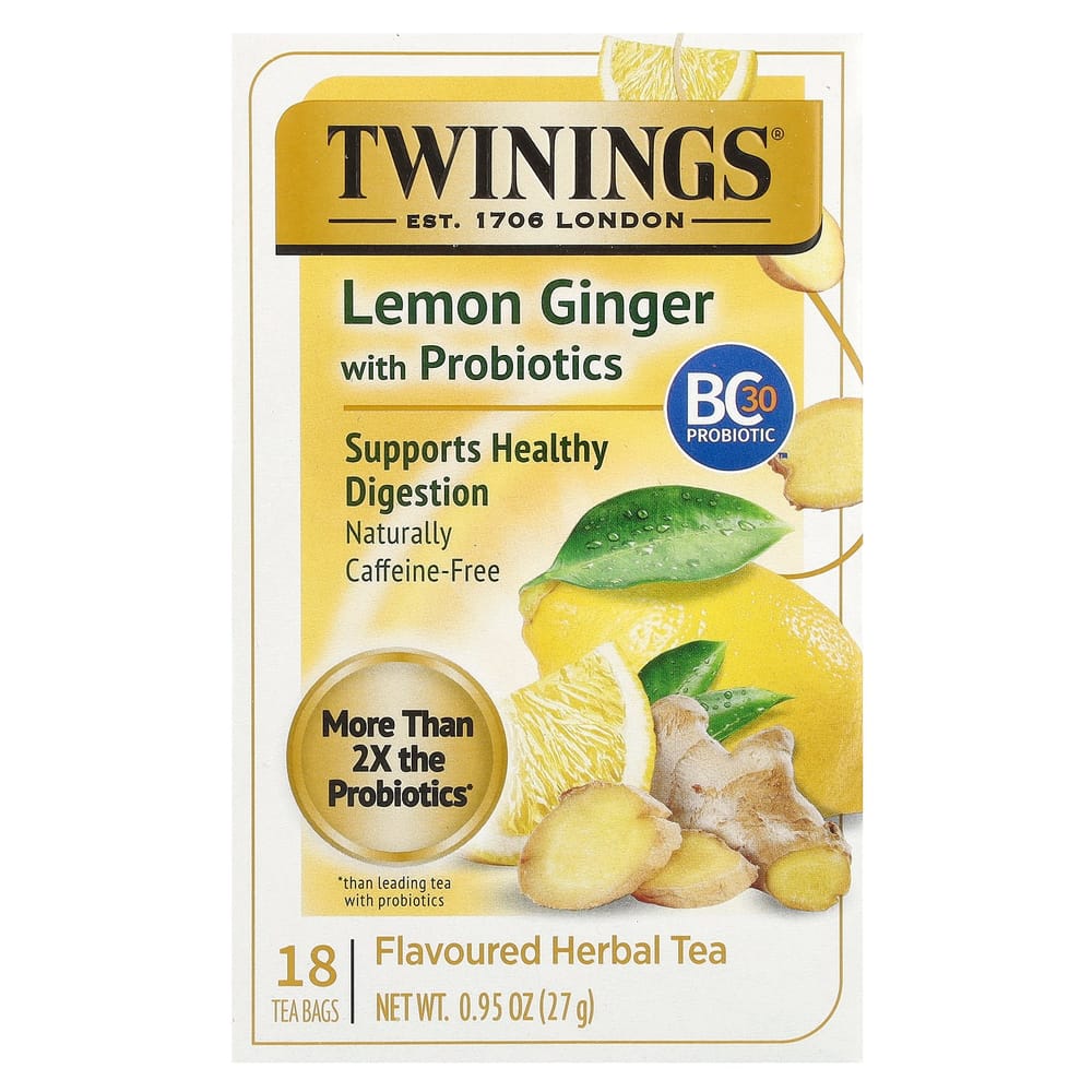 Twinings Probiotic + Herbal Tea, Lemon & Ginger, Caffeine-Free, 18 Tea Bags, 27g (0.95 oz)