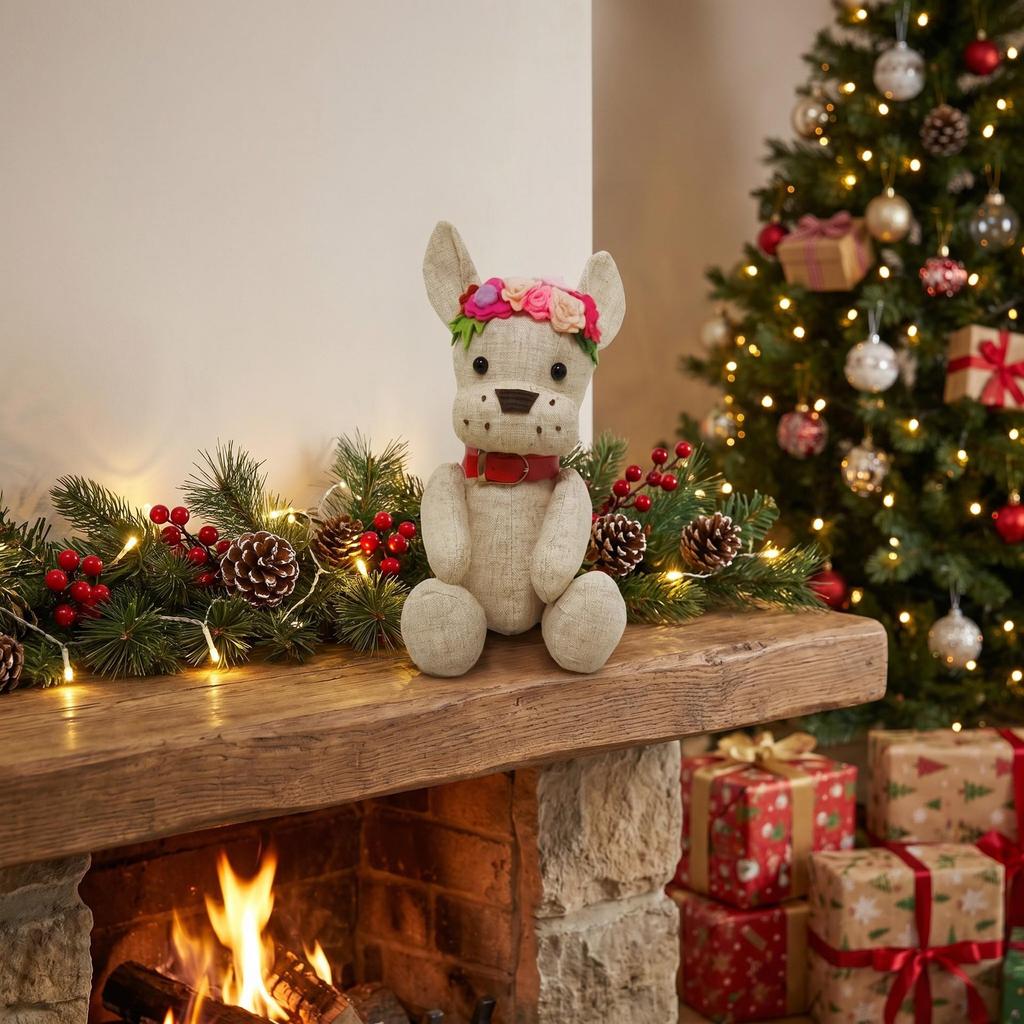 Christmas Linen Fabric French Bulldog Doll Ornament with Wreath - Exquisite Soft-Filled Puppy Figurine