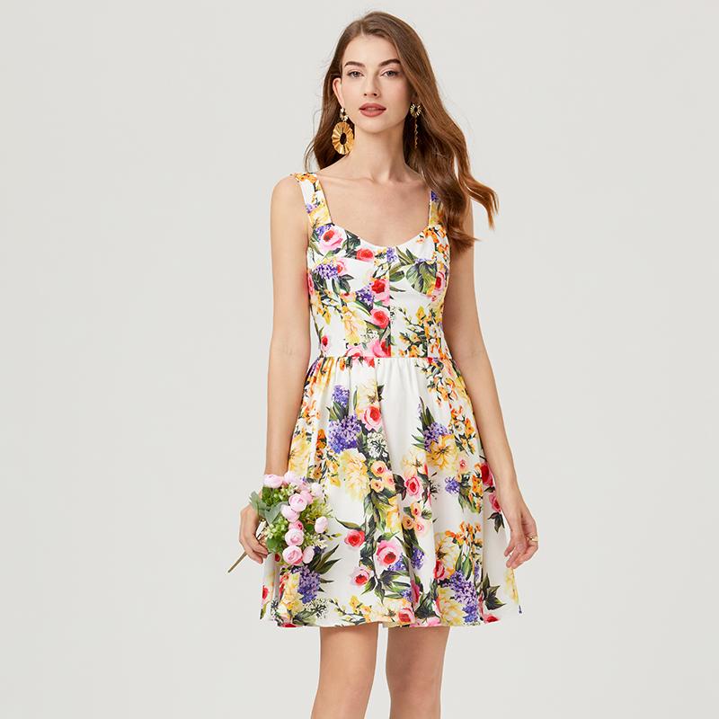 

Подиумный дизайн Летний праздник Цветочный принт Мини-платье Женское сексуальное бретельках Чашечки с подкладкой Открытая спина Эластичный пляжный короткий платье S белый