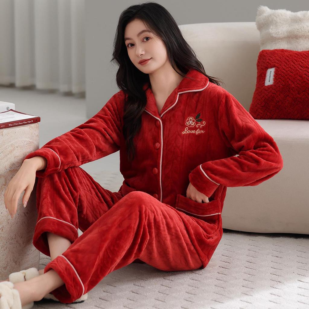 Women's Plus Size Thick Coral Fleece Pajamas - Warm Flannel Homewear for Autumn and Winter