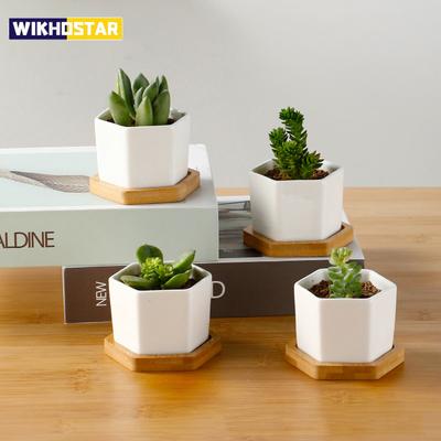Keramik-Blumentopf, weißer sechseckiger Keramiktopf mit Tablett, europäischer Blumentopf, einfacher Sukkulentenbehälter, kleine Bonsai-Töpfe