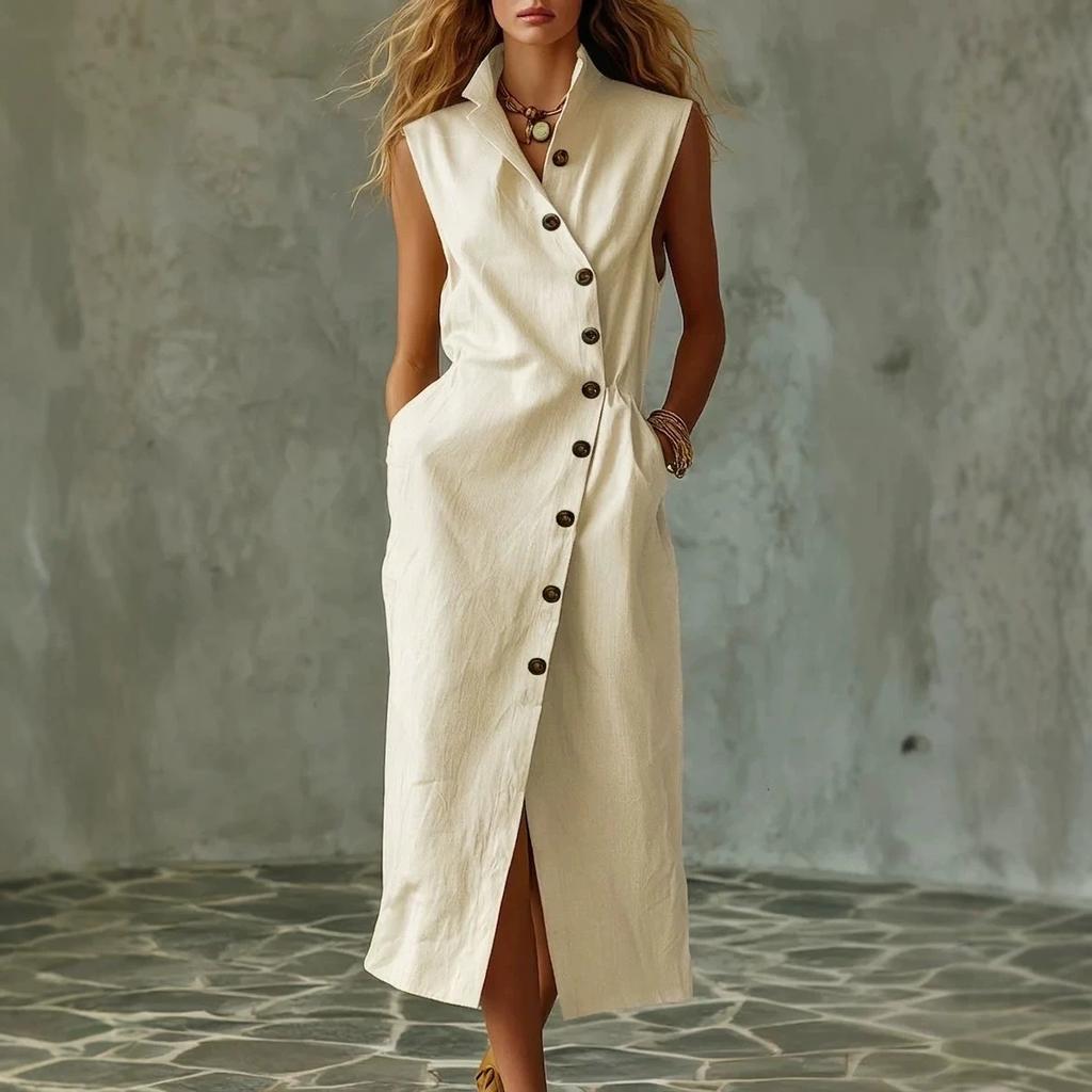 Simple style sleeveless dress, lapel diagonal breasted breathable loose long dress