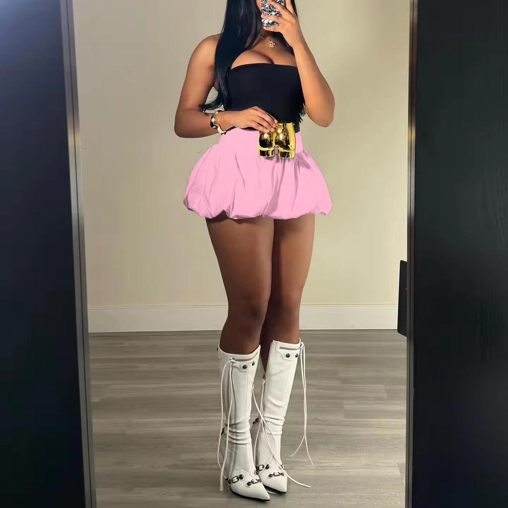 Qooth Hot Women's Mini Short Solid Color Puffy Bubble Skirt Plus Size Fashion Pleated Mini Skirt For Girls Skirts Sexy Clothes Women QT2422