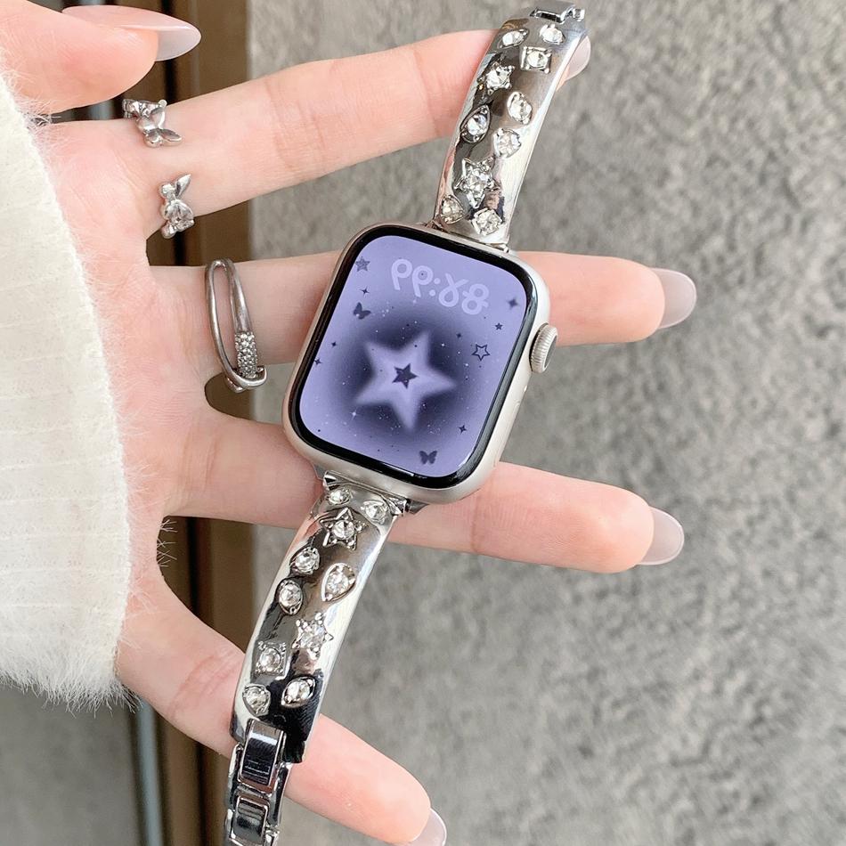 

Роскошный бриллиантовый браслет со звездами для ремешка Apple Watch S11/10/9/8/7/6/5/4/3/SE/Ultra 2 iWatch Металлический ремешок 49/46/45/44/42/41/40/38мм 38 40 41(S11 10)42MM