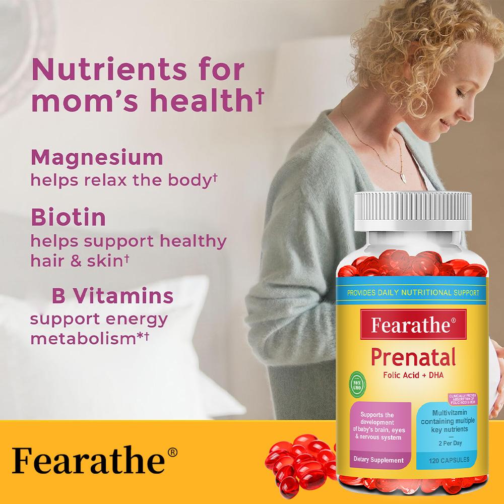 Prenatal Vitamins with Folic Acid & DHA, Fetal Brain Development Support Folate 120 Capsules
