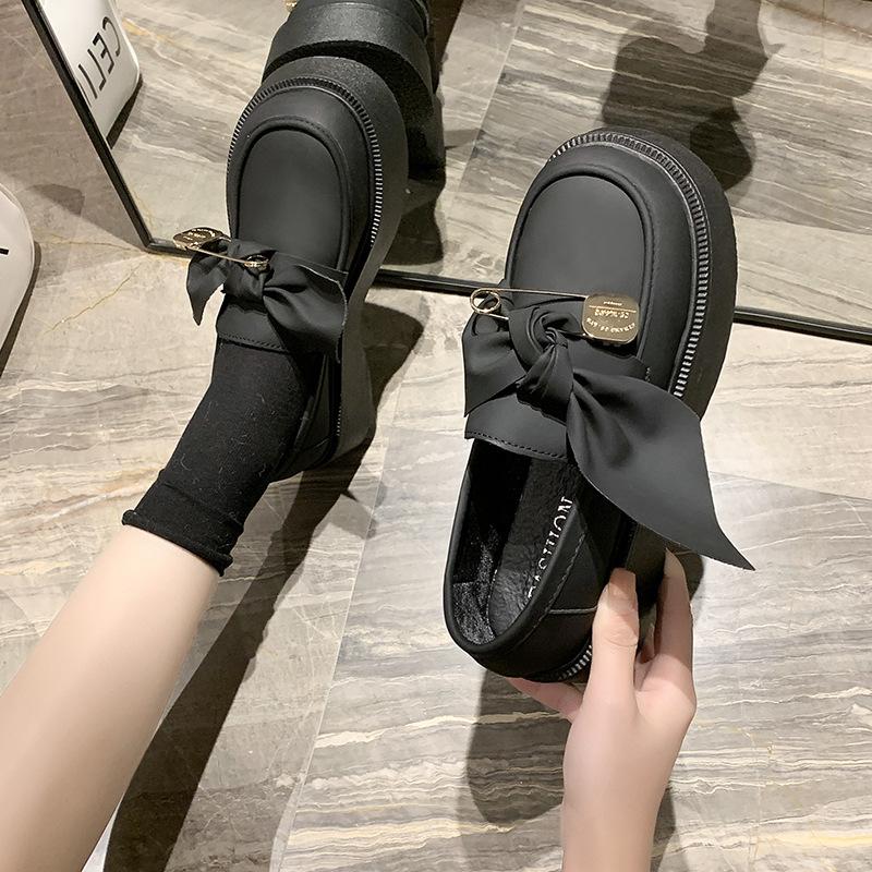 British style small leather shoes women's 2025 spring and autumn new fashion bow college one pedal platform loafers