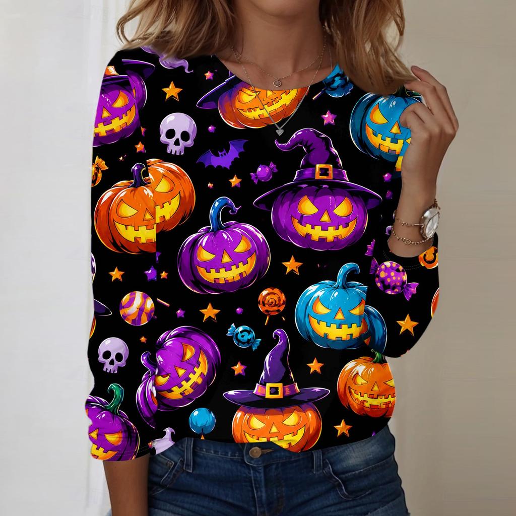 Women Long Sleeve Casual Pullover Sweatshirt Halloween Pumpkin Print Round Neck Top Lightweight Comfortable Fit