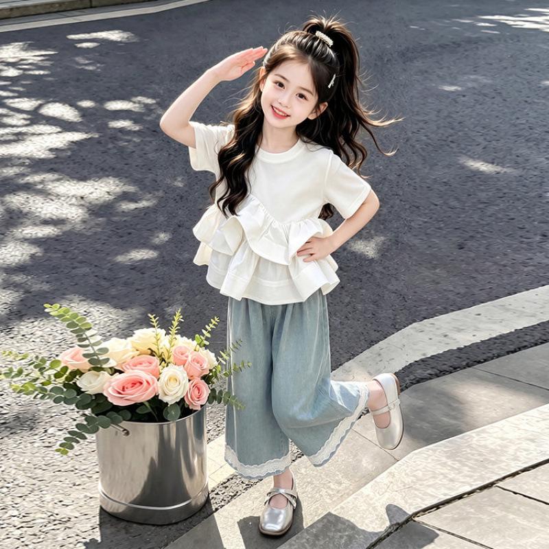 Girls' Korean Style Ruffle Sleeve Wide-Leg Pants Set (2026) - Stylish & Versatile Summer Outfit