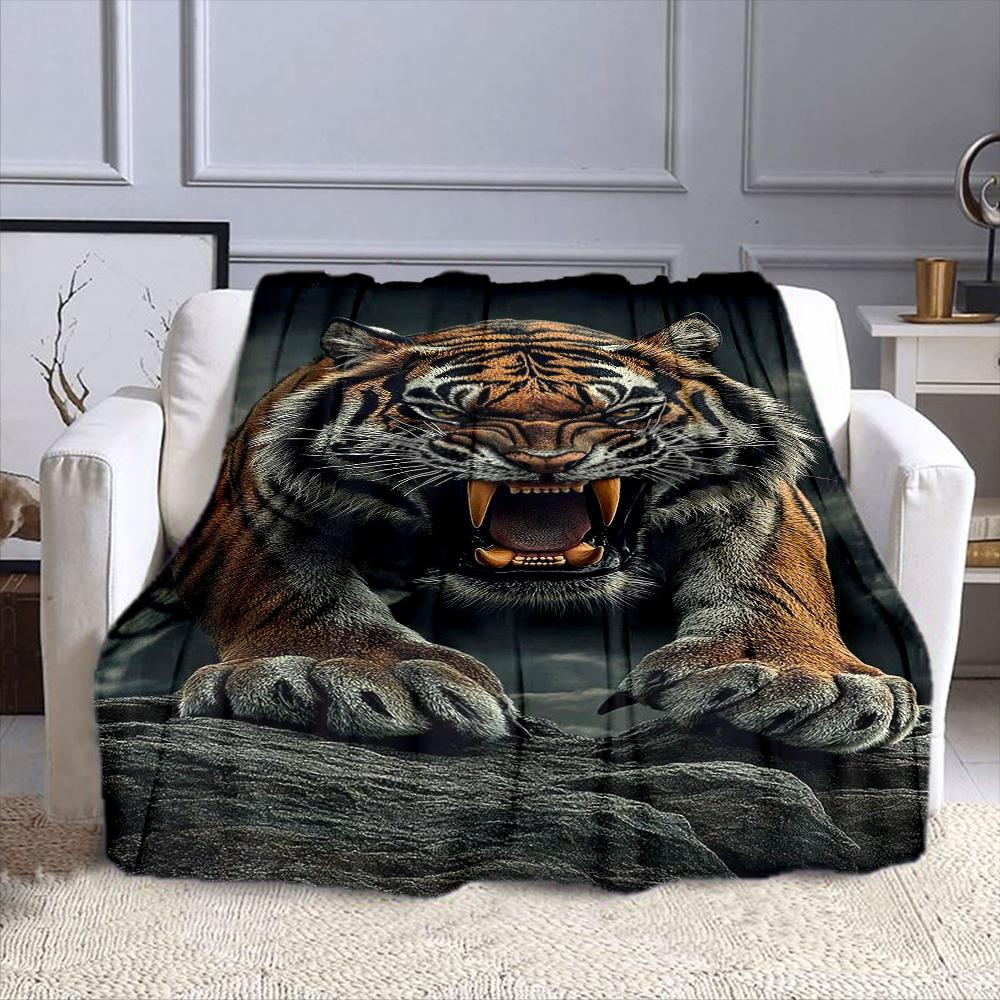 Fierce Roaring Tiger On Dark Rock Patterned Flannel Blanket Perfect for the Bedroom Living Room, Sofa, or a Little Nap