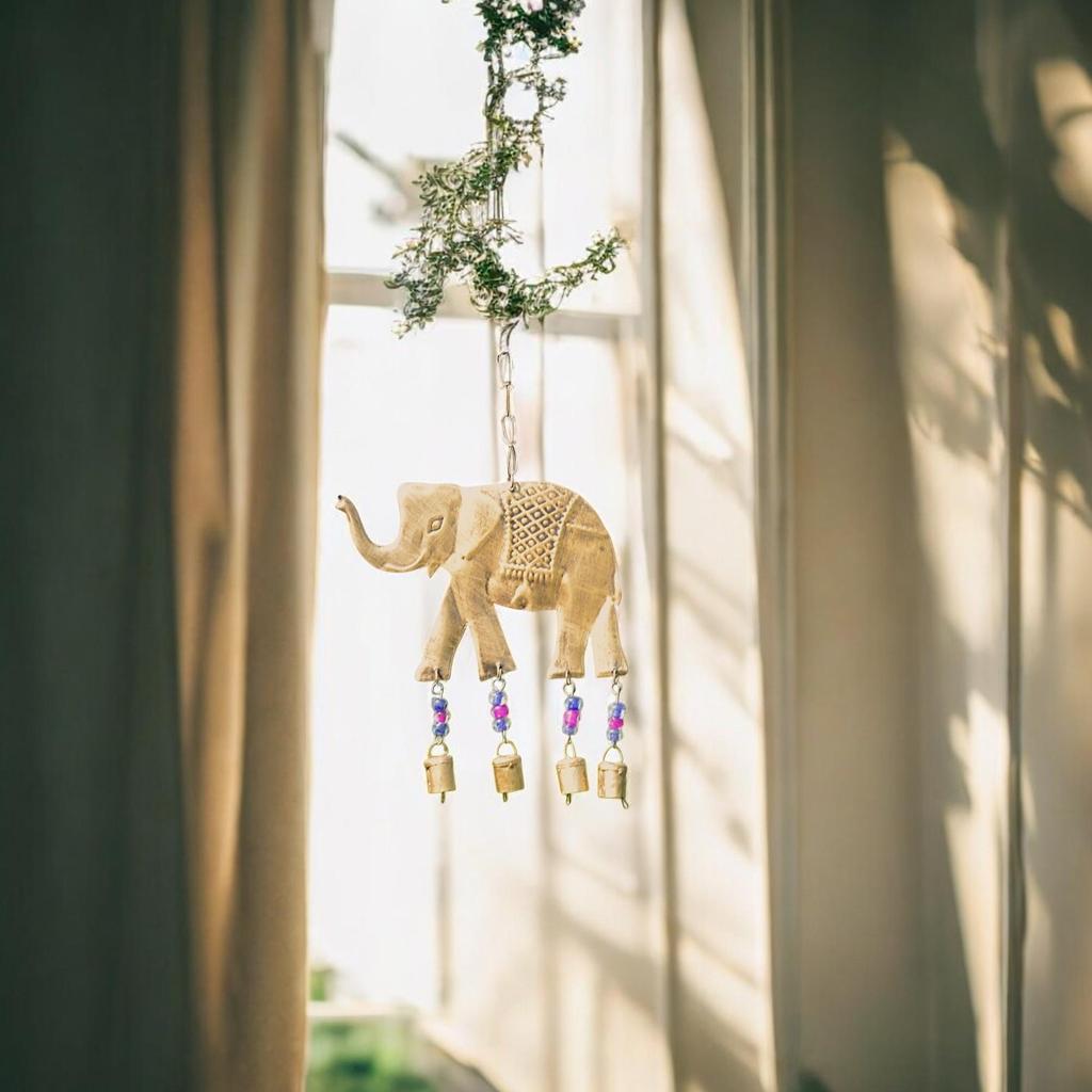 HANDMADE RUSTIC ELEPHANT WIND CHIME with Cow Bells, Boho Garden Art for Patio Porch Balcony, 15 Inch Gold Metal Wind Catcher Decor