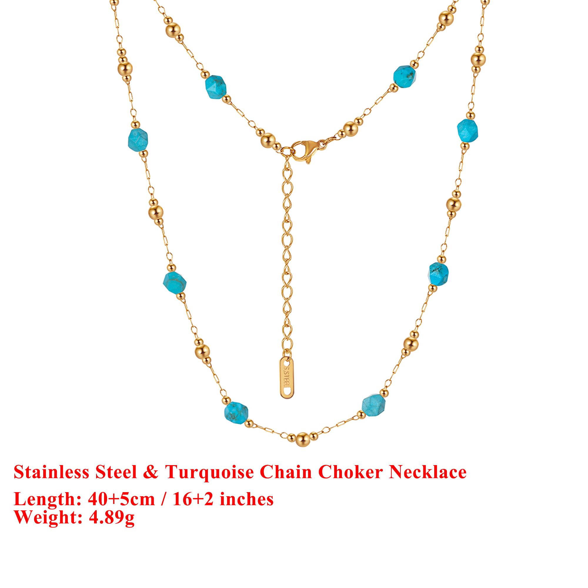 

EFFIE QUEEN Stainless Steel 18k Gold Oval Turquoise Chain Choker Necklace Simple Jewelry for Women Wedding Party Banquet STMN04
