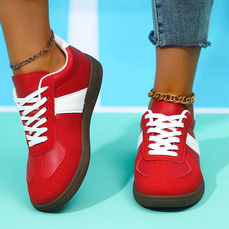 Fashion Spring New Patchwork Women Flats Shoes Outdoor Light Comfort Lace-Up Vulcanized Shoes Faux Leather Anti Slip Tennis Sneakers