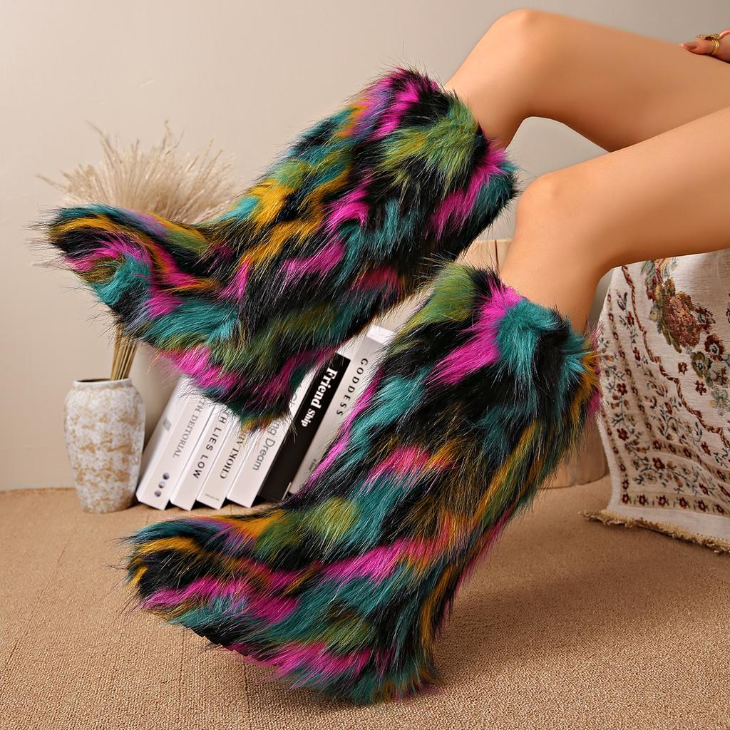 Women Knee High Fuzzy Faux Fur Boots Designer Flat Plush Warm Platform Shoes Ladies Soft Warm Comfortable Slip-on Boots Women