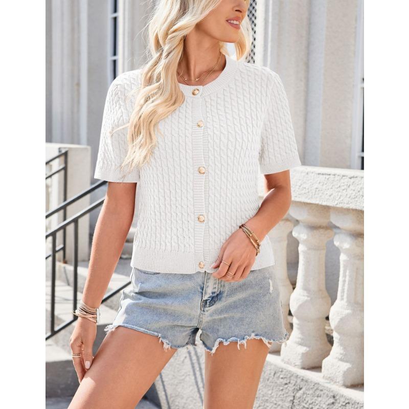 Women European Style Short Sleeve Button Front Cropped Round Neck Knitted Cardigan Sweater