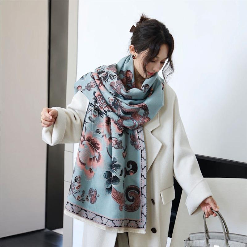 Scarf Women's Autumn and Winter New Double-sided Jacquard Scarf Versatile Auspicious Lotus Imitation Cashmere Shawl Thickened Warm Scarf