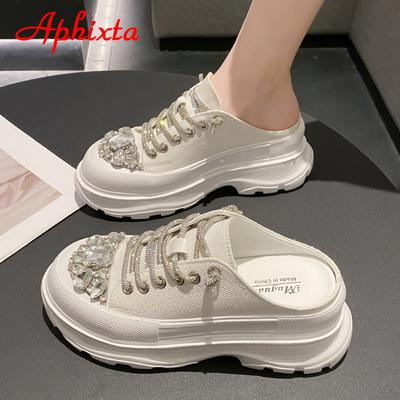 Aphixta Luxe Kristallen Vetersluiting Teen Platform Slippers Dames Strass Slides Canvas Bling Schoenen Sleehak Dikke Zool Slides