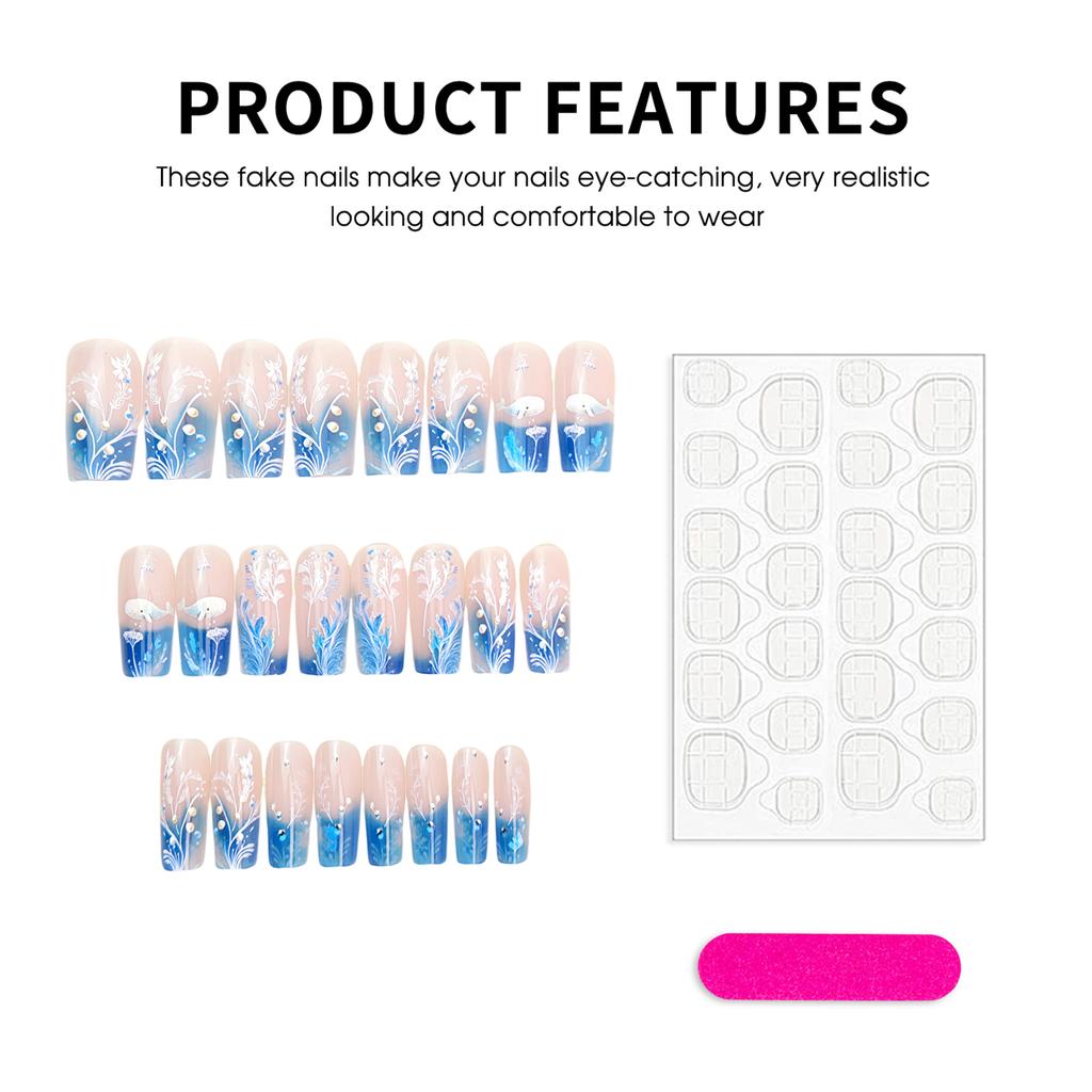 24PCS Ocean Theme False Nails with Blue Tip Easy Effortless Application To Nails for Women and Girl Nail Salon