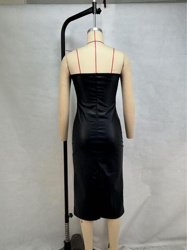 Evropské a americké dámské sexy šaty bez ramínek s rozparkem z PU kůže - Kolekce podzim/zima 2024