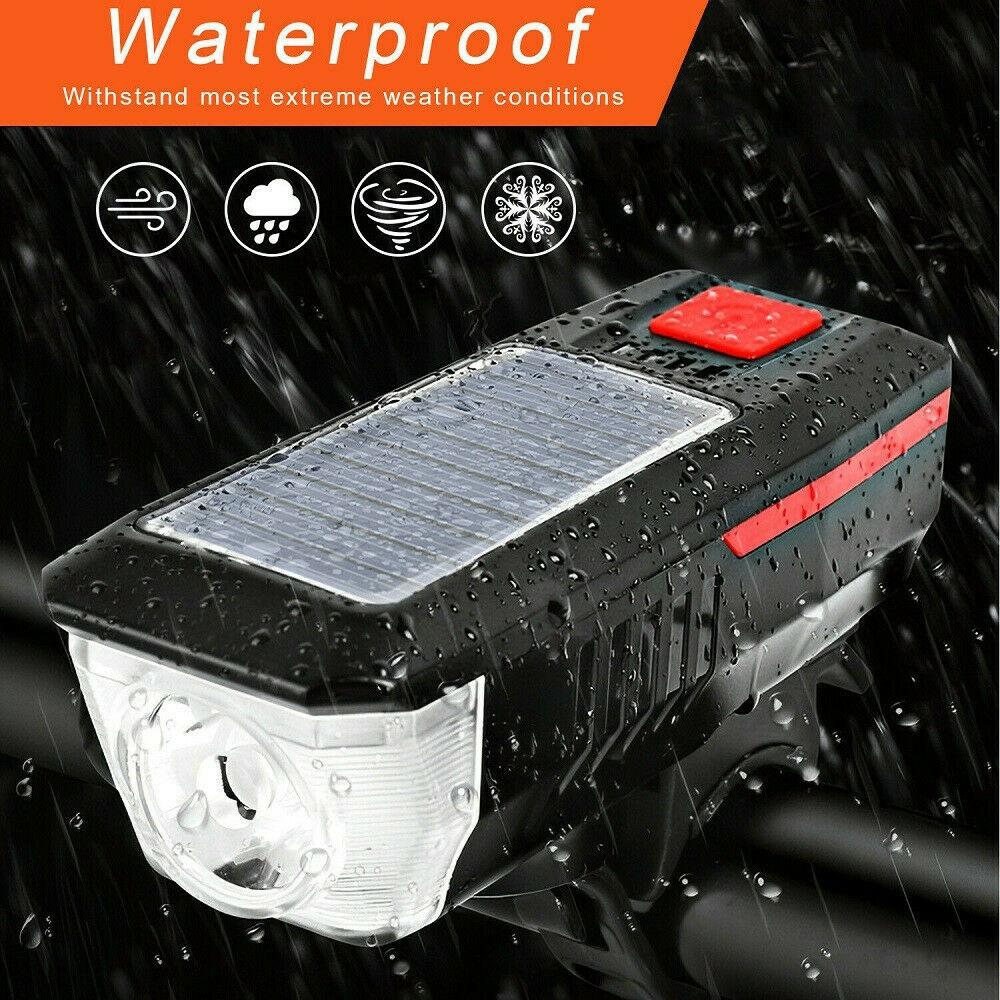 Lampă solară pentru bicicletă, reîncărcabilă prin USB, set de lumină și claxon pentru bicicletă, 3 moduri pentru echipamentul de călărit de noapte