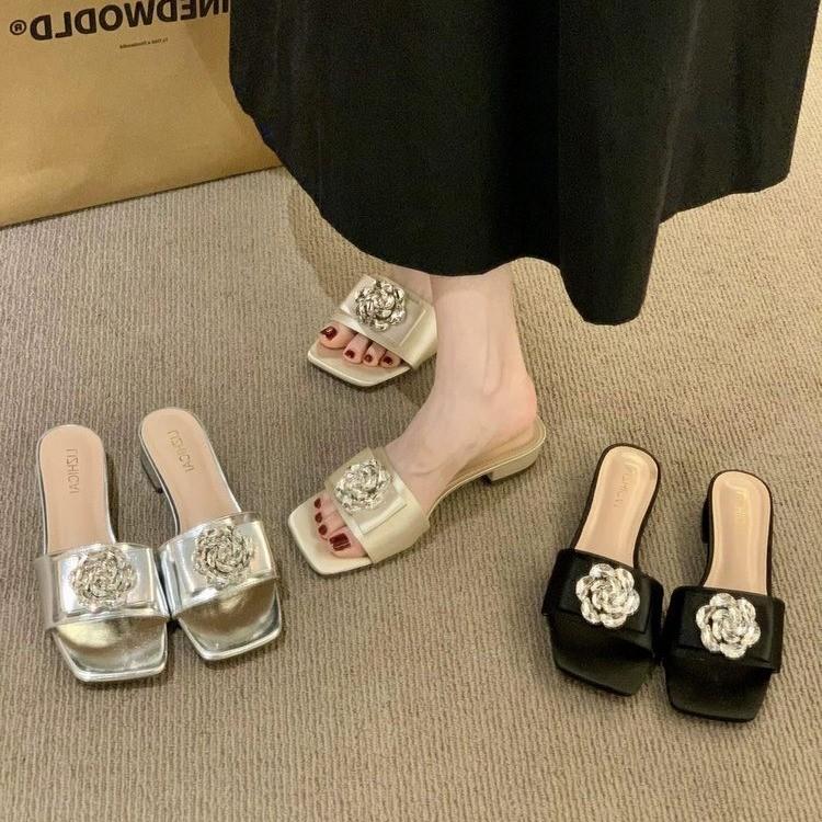 Spring and summer 2025 new one-word slippers women's French low-heeled square head thick-heeled rhinestone buckle temperament Muller shoes