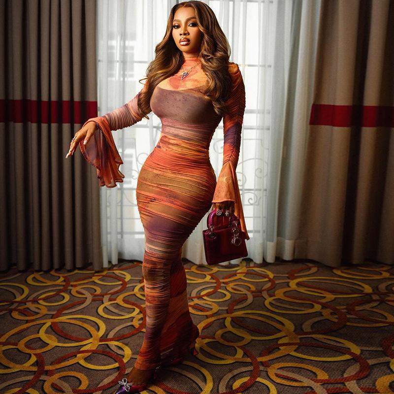 Winter Print Flared Sleeve Pleated Bodycon Dress - European & American Style