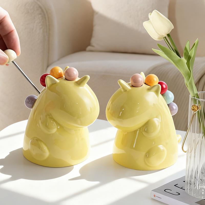 Novelty Dinosaur Ceramic Fruit Fork Holder with 6 Picks for Daily Dessert Snack Serving Home Kitchen Dining Table Decor