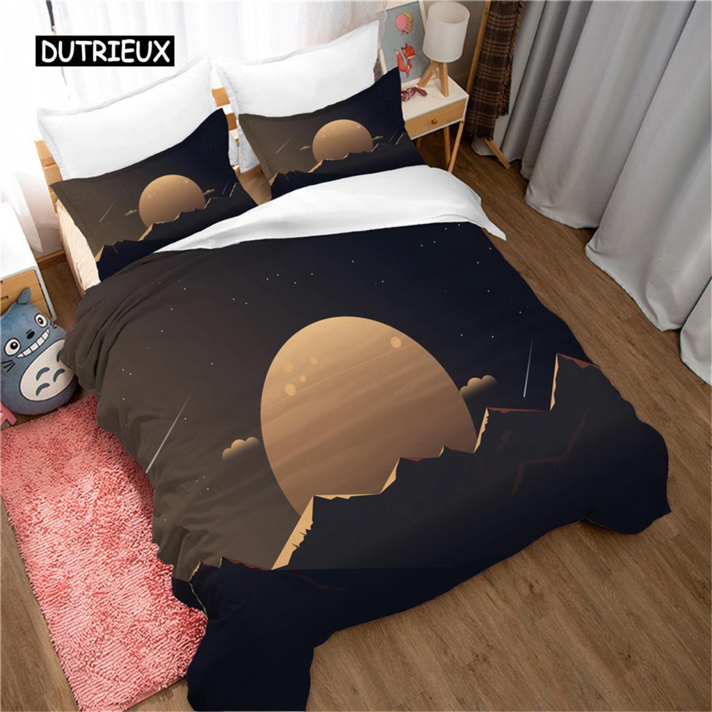 Bettbezug-Set mit Bergmotiv, Wald und helles Mondlicht, Elchlandschaft, Bergbettwäsche-Set, Kingsize, weicher Bettbezug aus Polyester