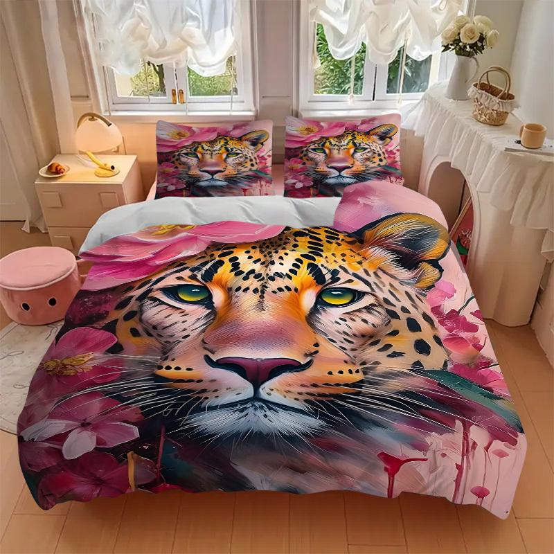 3pcs Leopard Floral Print Duvet Cover Set - Machine Washable, Includes 1 Cover and 2 Pillowcases, No Core Included Yy251013076