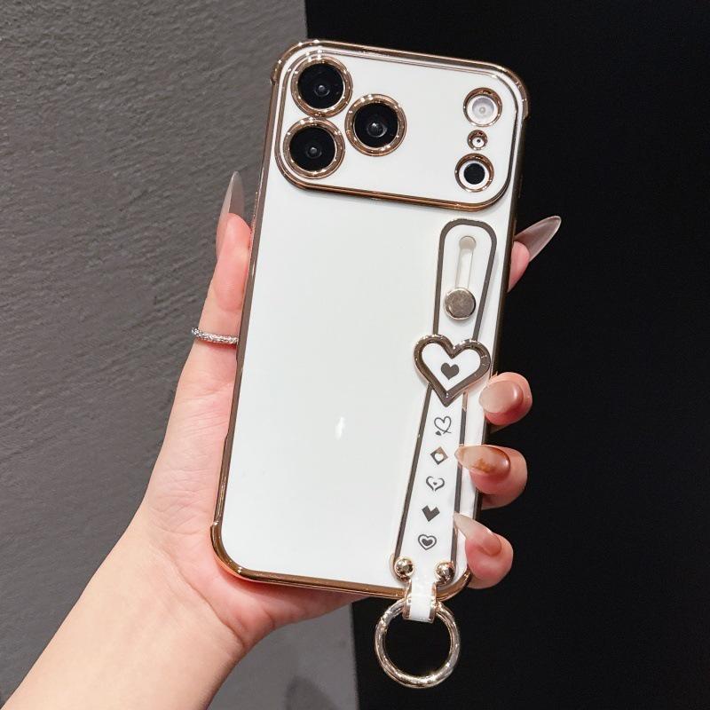 

6D Electroplated Heart Wrist Strap for iPhone 17 Pro Air, 16 Plus, and 15/14/13/12 Cases. iPhone 17 Pro Max