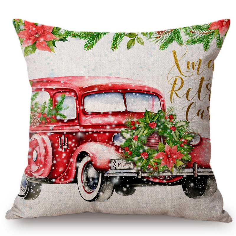 Cuscino Decorativo Natalizio Acquerello Carino Copricuscino per Divano Camion di Natale Albero Cane Cucciolo Adorabile Lettera Neve Copricuscino