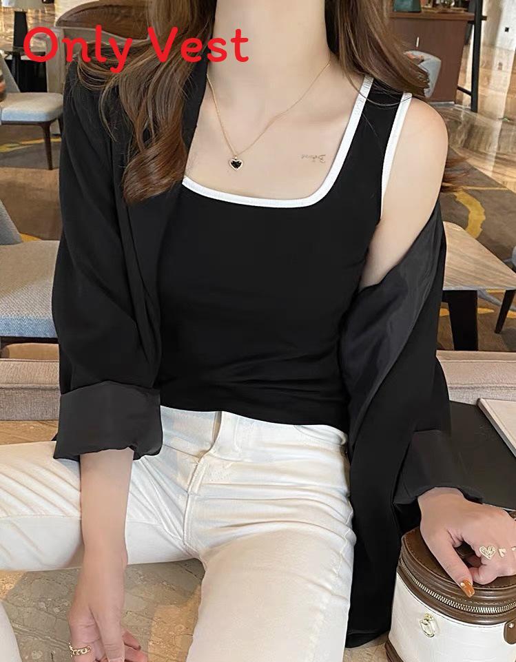 Womens Summer Spliced Cotton Ribbed Tank Top With Builtin Bra For Casual Wear