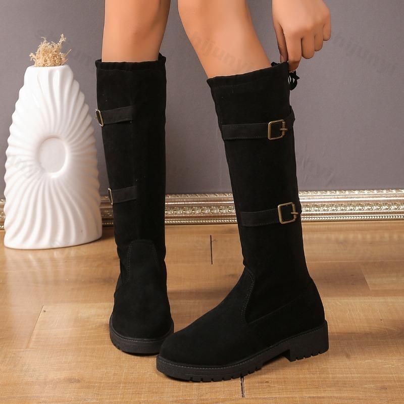 Fashion 2025 Autumn Fashion Metal Buckle Decoration Knee Boots Women Sexy Solid Black Slip on Boots Lace Up Bowknot Medium Heel Booties
