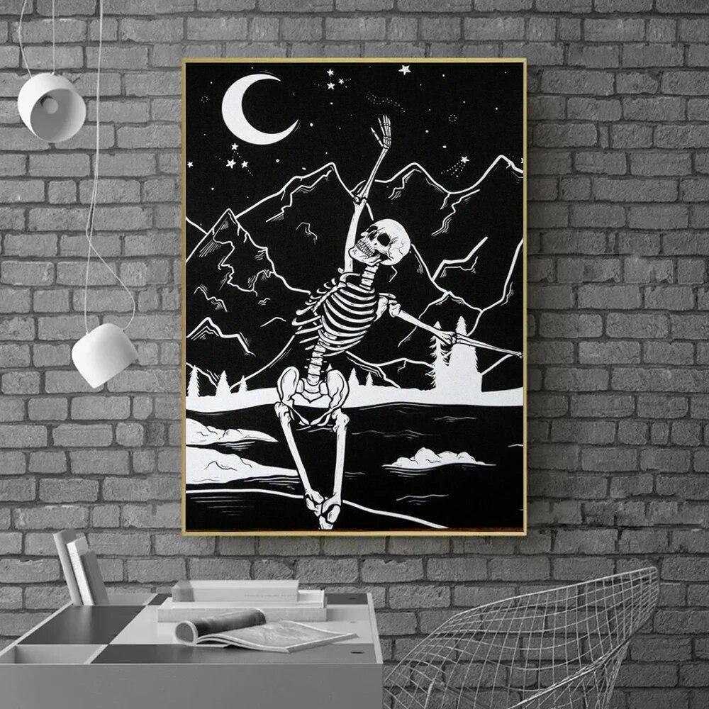 Black White Gothic Skeleton Canvas Painting Wall Art Dark Academia Art Abstract Skull Poster Prints For Living Room Home Decor No Frame