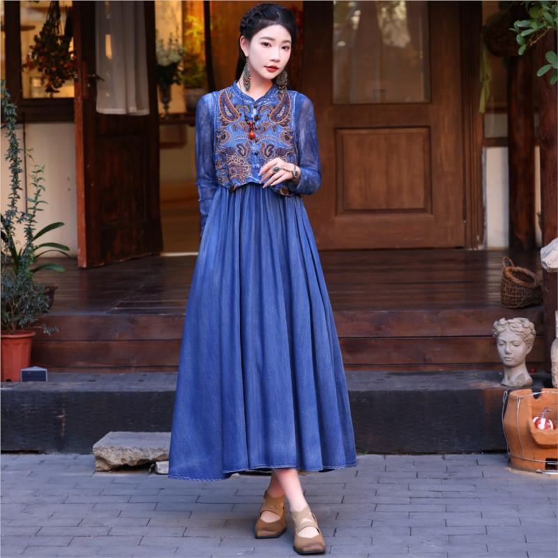 Johnature Kvinne Vårbroderi Personlighet Cowboy Ermeløs Kjole Kinesisk Stil Vintage Retro Nisje A-Line Kjole