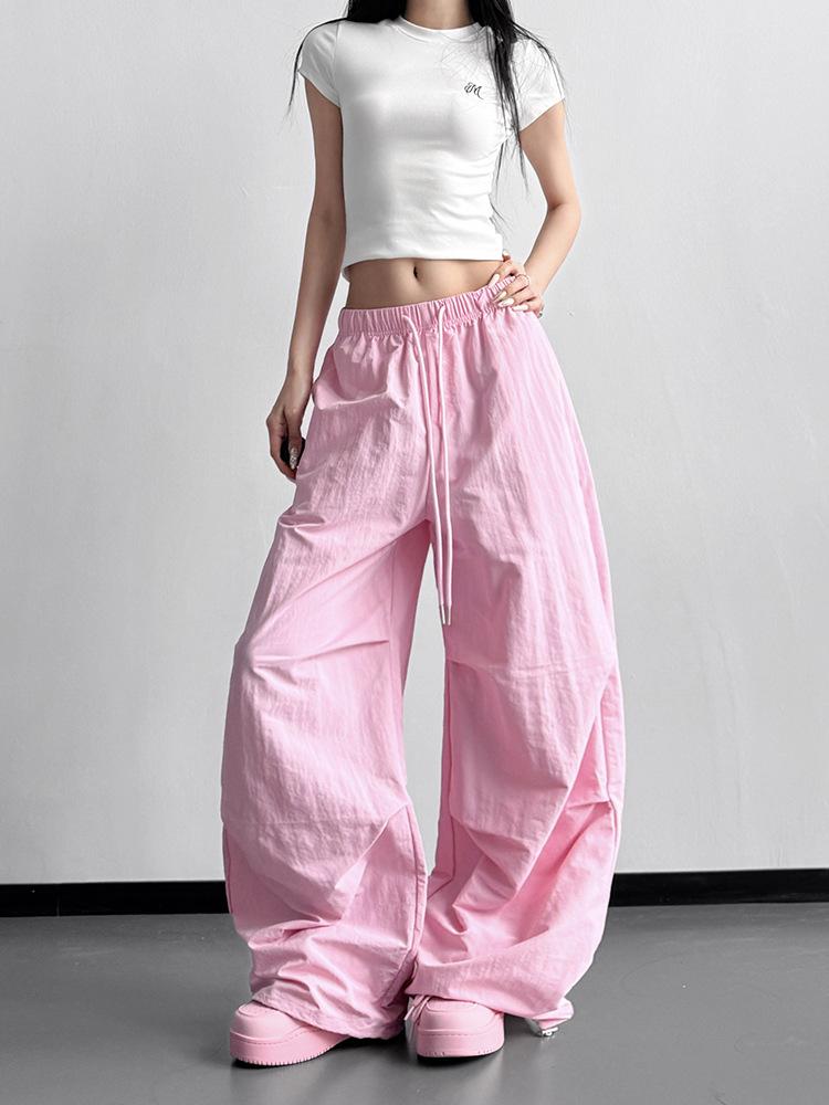 Women's Pink High-Waisted Wide-Leg Pleated Pants - Spring/Autumn 2026 Loose Fit Casual Style