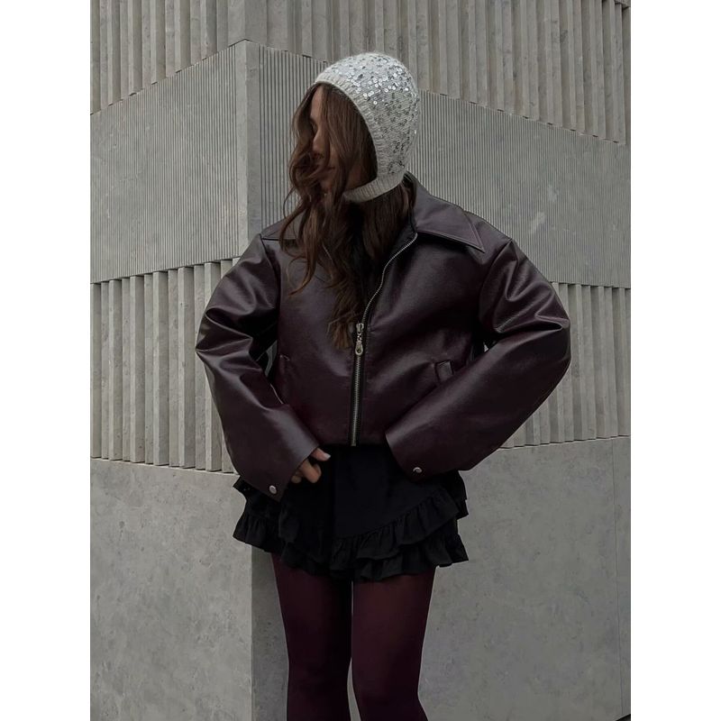 Normcore Retro Wine Red Loose Short Coat Leather Jacket