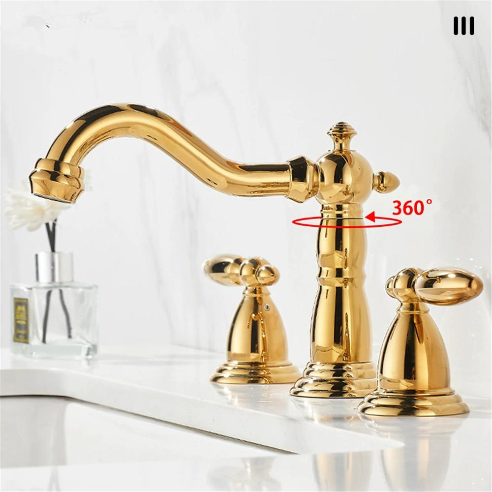 Tuqiu Gold Bathroom Faucet Widespread Antique Sink Tap Brass Bathroom Sink Faucet 3 Hole Brass Chrome Hot Cold Water Tap