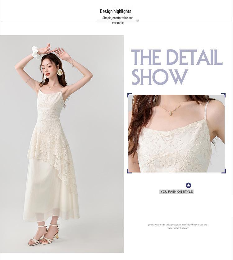 2026 Summer French Apricot Lace Embroidered Irregular Long Camisole Dress for Women