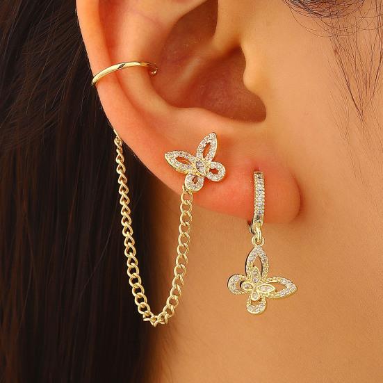 5 Pcs Women Earrings Set Sparkling Rhinestone Flower Butterfly Chain Hoop Earrings Gold Plated Cubic Zirconia Dangling Earrings for Prom Wedding