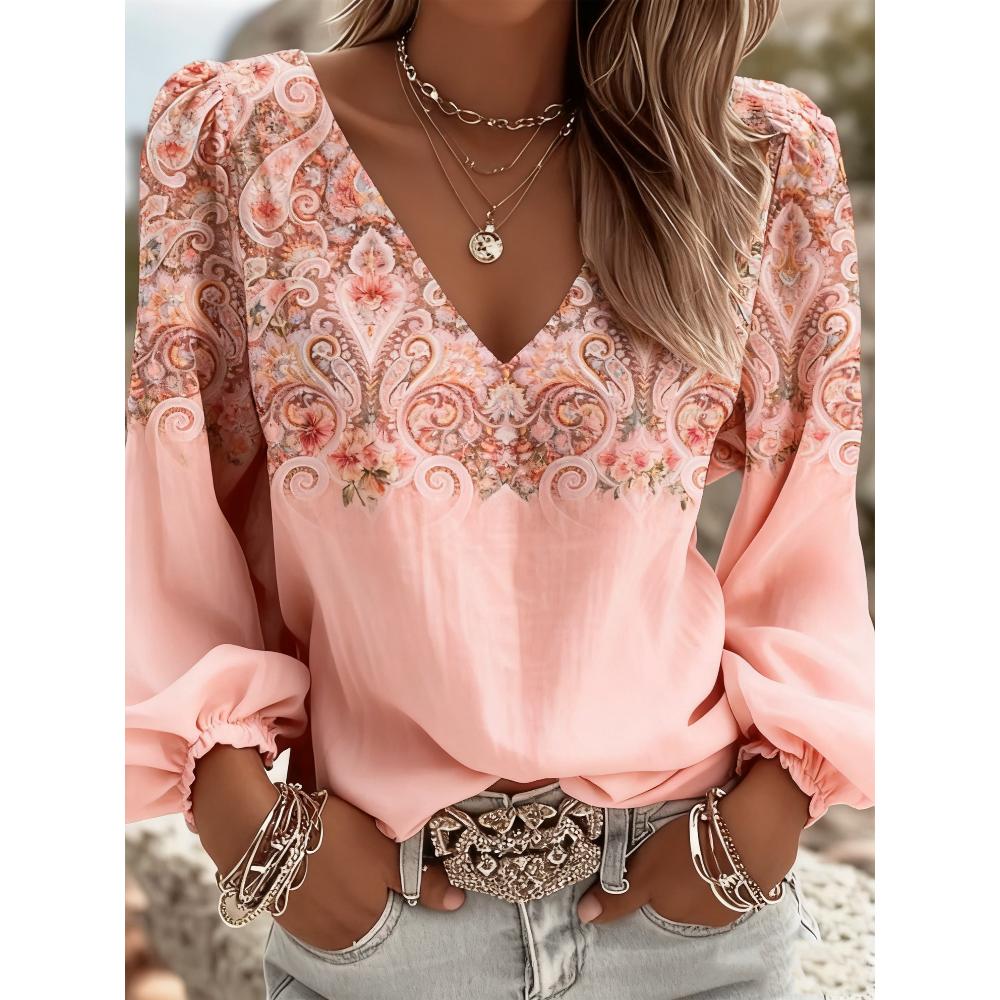 

Vintage western style printed V-neck shirt for ladies, a perfect Christmas and New Year gift. Suitable for summer vacations and outdoor parties. S