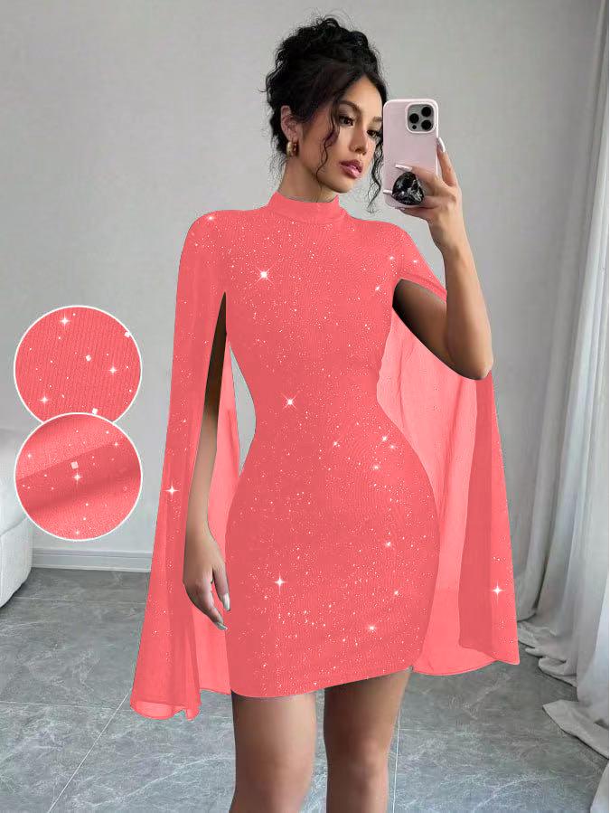 European and American Women's Ribbed Chiffon Cape Bodycon Dress